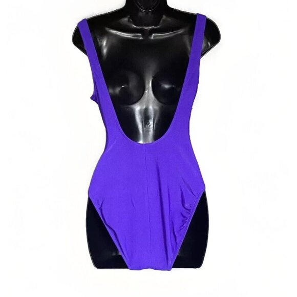 Vintage Bathing Suit Shell Beach One Piece Purple Crossover Front Ribbed EST. Lg - Picture 2 of 12